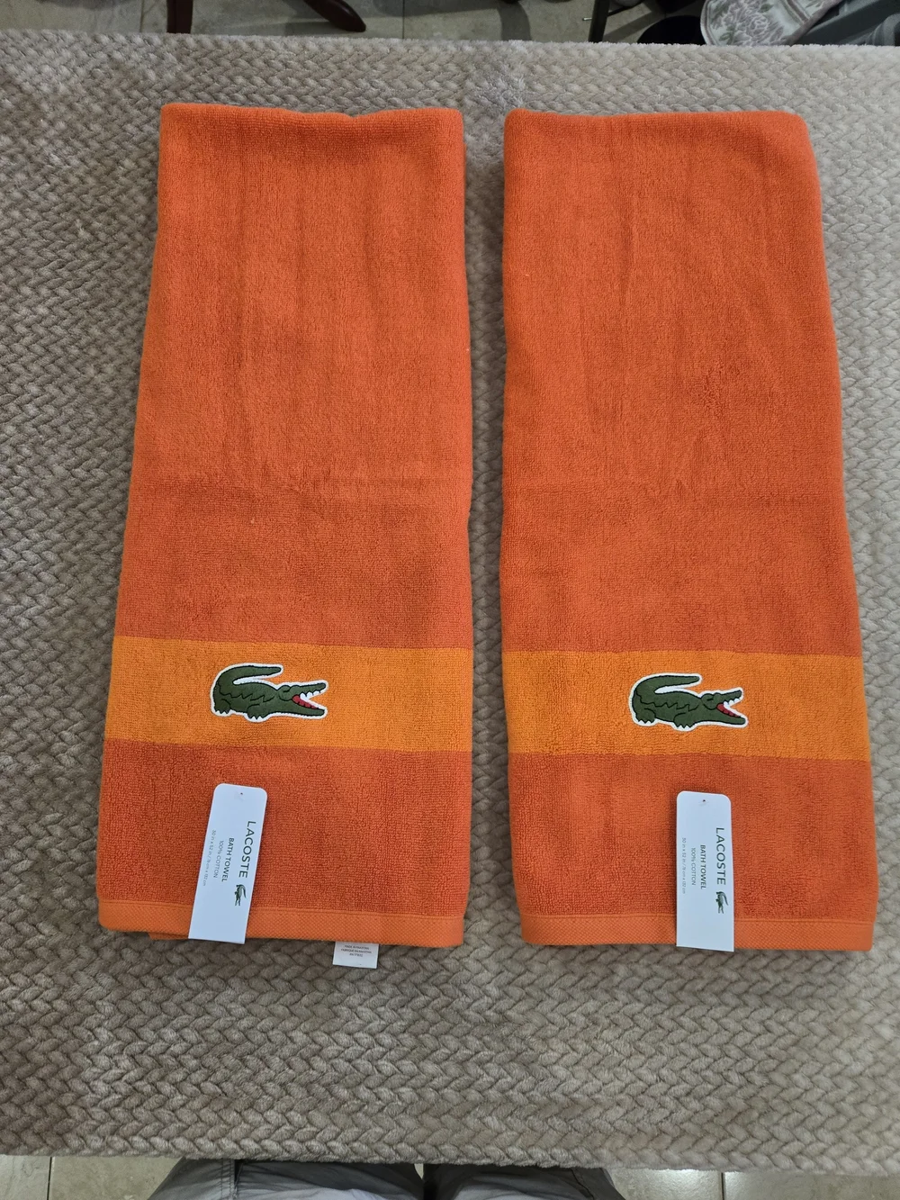 Lacoste Orange Bath Towels Set of 2 Crocodile Logo 100% Cotton New
